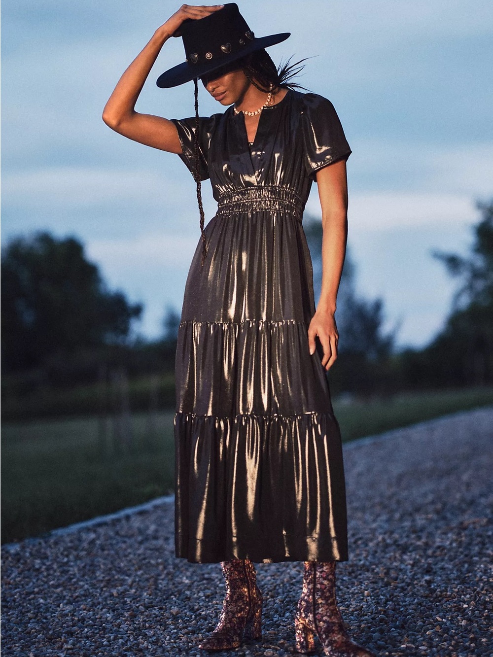Anthropologie The Somerset Shine Maxi Dress M Black Carbon Metallic Smocked